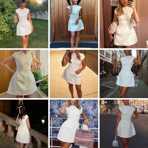 Women's Elegant Pockets Mini Dress Short Sleeve Mock Turtle Neck A Line Tank Short Dresses Bodycon for Party Cocktail in Kuwait