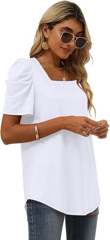 XIEERDUO Women Shirts Square Neck Puff Sleeve Tops Casual Tshirts Flowy in Saudi Arabia