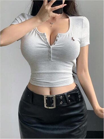 GORGLITTER Women's Henley Crop Tops Tee Half Button Placket V Neck Ribbed Knit T Shirts in Saudi Arabia