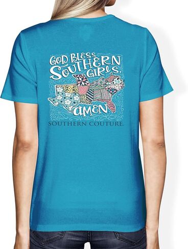 Southern Couture God Bless Southern Girls، تي شيرت عصري للاستخدام اليومي من القطن باللون الأزرق الياقوتي، مقاس صغير in Kuwait