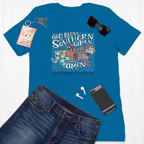 Southern Couture God Bless Southern Girls، تي شيرت عصري للاستخدام اليومي من القطن باللون الأزرق الياقوتي، مقاس صغير in Kuwait