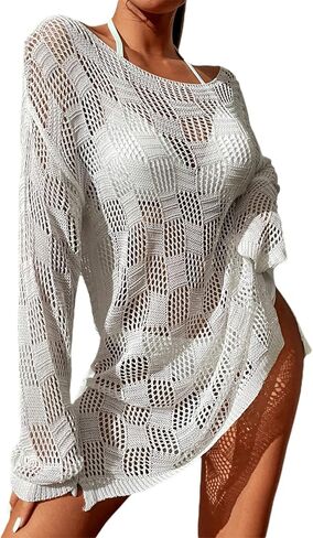 GORGLITTER Women's Crochet Bathing Suit Cover Up Dress Long Sleeve Split Beach Swimsuit Dress in Saudi Arabia