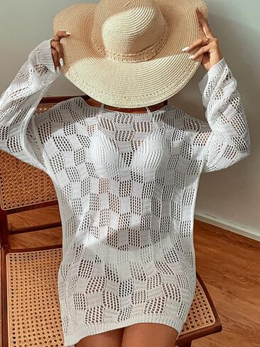 GORGLITTER Women's Crochet Bathing Suit Cover Up Dress Long Sleeve Split Beach Swimsuit Dress in Saudi Arabia