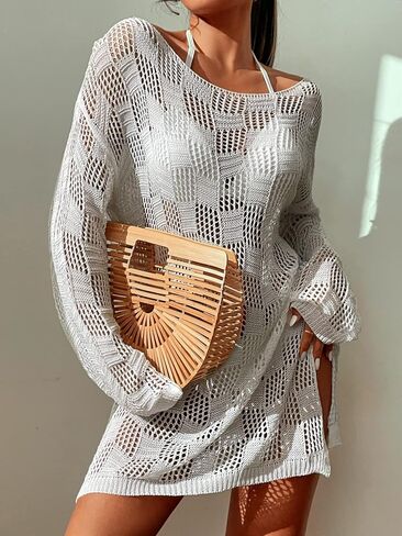 GORGLITTER Women's Crochet Bathing Suit Cover Up Dress Long Sleeve Split Beach Swimsuit Dress in Saudi Arabia