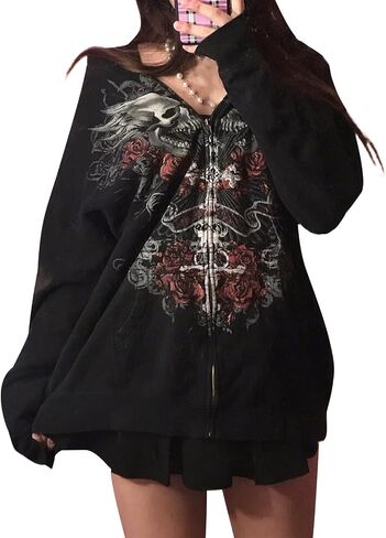 Women Y2K Skull Hoodie Graphic Zip Up Grunge Aesthetic Hoodies Casual Vintage Oversized Sweatshirt Harajuku Jacket in Saudi Arabia