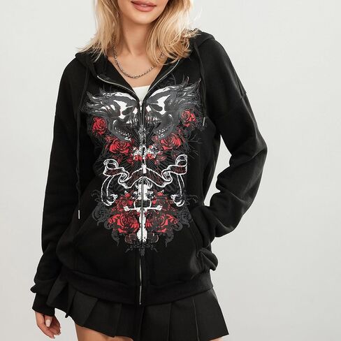 Women Y2K Skull Hoodie Graphic Zip Up Grunge Aesthetic Hoodies Casual Vintage Oversized Sweatshirt Harajuku Jacket in Saudi Arabia