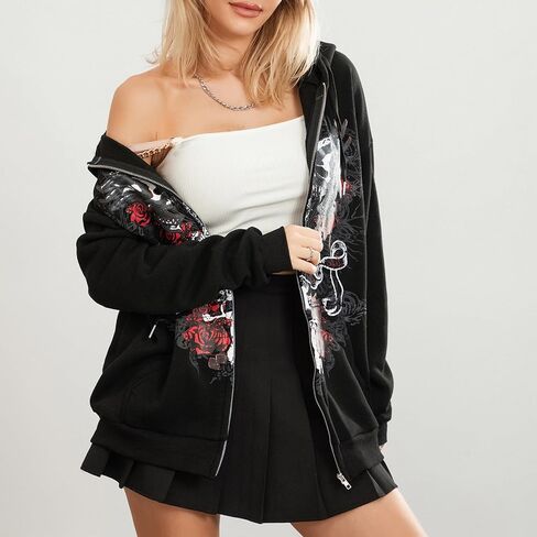 Women Y2K Skull Hoodie Graphic Zip Up Grunge Aesthetic Hoodies Casual Vintage Oversized Sweatshirt Harajuku Jacket in Saudi Arabia