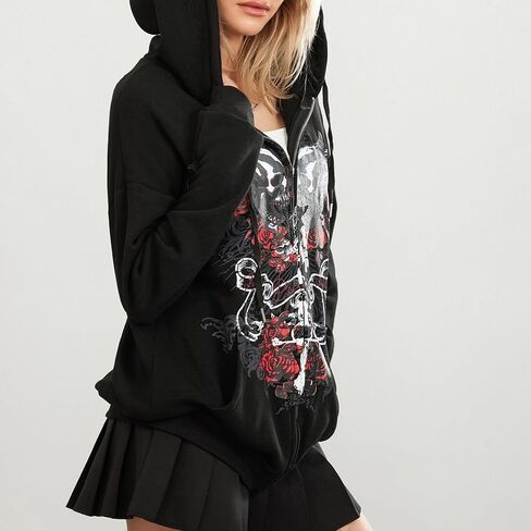 Women Y2K Skull Hoodie Graphic Zip Up Grunge Aesthetic Hoodies Casual Vintage Oversized Sweatshirt Harajuku Jacket in Saudi Arabia
