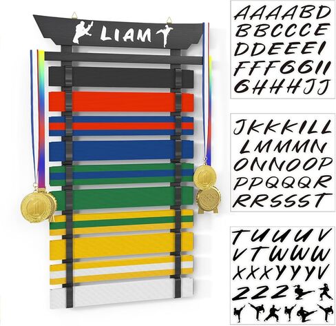 10 Belts Karate Belt Display Rack, Taekwondo Belt Display with Stickers, Martial Arts Belt Display Holder, Jiu Jitsu BJJ Belt Display Hanging Holder for Kids and Adults Gifts, No Assembly Required in Saudi Arabia