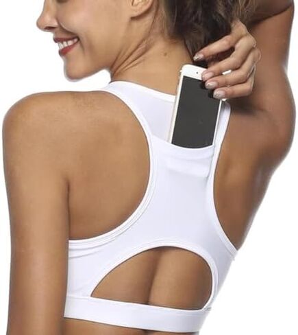 Racerback Sports Bras for Small Chest Women w/Cell Phone Pocket Padded Seamless High Impact Support (White,S) in Saudi Arabia