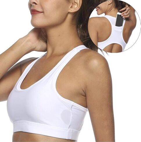 Racerback Sports Bras for Small Chest Women w/Cell Phone Pocket Padded Seamless High Impact Support (White,S) in Saudi Arabia