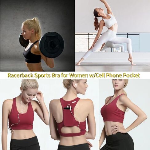 Racerback Sports Bras for Small Chest Women w/Cell Phone Pocket Padded Seamless High Impact Support (White,S) in Saudi Arabia