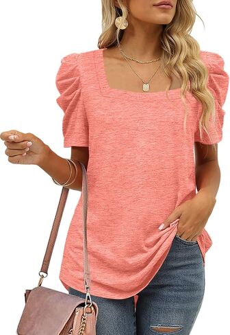 XIEERDUO Women Shirts Square Neck Puff Sleeve Tops Casual Tshirts Flowy in Saudi Arabia