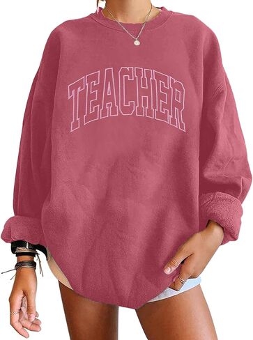 BANGELY Teacher Sweatshirt Women Oversized Retro Teach Crewneck Shirt Embroidery Teacher Life Pullover Long Sleeve Tops in Kuwait