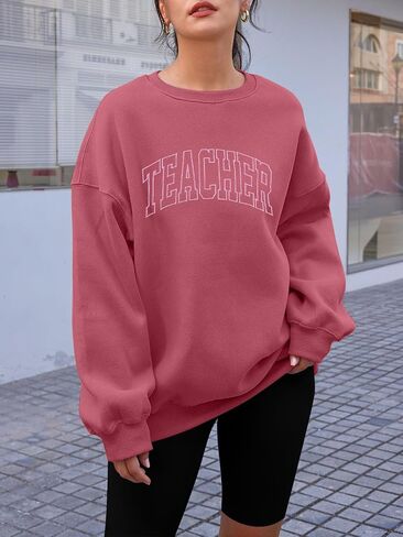 BANGELY Teacher Sweatshirt Women Oversized Retro Teach Crewneck Shirt Embroidery Teacher Life Pullover Long Sleeve Tops in Kuwait