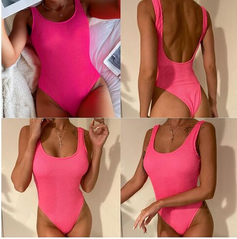 بدلة سباحة نسائية من قطعة واحدة مضلعة نيون من JUMISEE، بدلة استحمام مثيرة برقبة واسعة وظهر منخفض ومبطنة in Kuwait