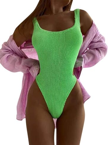 JUMISEE Women's Neon Ribbed High Cut One Piece Swimsuit Sexy Scoop Neck Low Back Padded Bathing Suit in Saudi Arabia