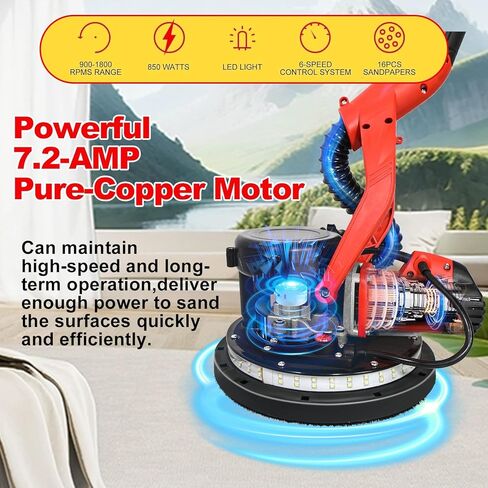 ماكينة صنفرة الحوائط الجافة، ماكينة صنفرة الحوائط الجافة الكهربائية بقدرة 850 وات مع استخلاص الغبار بالشفط، أداة إزالة السقف والسقف الفشار 7.2 أمبير، 6 سرعات متغيرة 900-1800 دورة في الدقيقة، 16 قرص سنفرة، محرك نحاسي نقي، IP20 مقاوم للماء in Kuwait