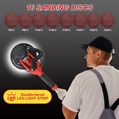 ماكينة صنفرة الحوائط الجافة، ماكينة صنفرة الحوائط الجافة الكهربائية بقدرة 850 وات مع استخلاص الغبار بالشفط، أداة إزالة السقف والسقف الفشار 7.2 أمبير، 6 سرعات متغيرة 900-1800 دورة في الدقيقة، 16 قرص سنفرة، محرك نحاسي نقي، IP20 مقاوم للماء in Kuwait