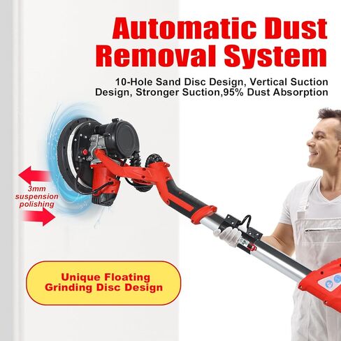 ماكينة صنفرة الحوائط الجافة، ماكينة صنفرة الحوائط الجافة الكهربائية بقدرة 850 وات مع استخلاص الغبار بالشفط، أداة إزالة السقف والسقف الفشار 7.2 أمبير، 6 سرعات متغيرة 900-1800 دورة في الدقيقة، 16 قرص سنفرة، محرك نحاسي نقي، IP20 مقاوم للماء in Kuwait