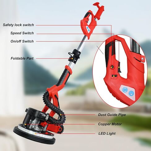 ماكينة صنفرة الحوائط الجافة، ماكينة صنفرة الحوائط الجافة الكهربائية بقدرة 850 وات مع استخلاص الغبار بالشفط، أداة إزالة السقف والسقف الفشار 7.2 أمبير، 6 سرعات متغيرة 900-1800 دورة في الدقيقة، 16 قرص سنفرة، محرك نحاسي نقي، IP20 مقاوم للماء in Kuwait