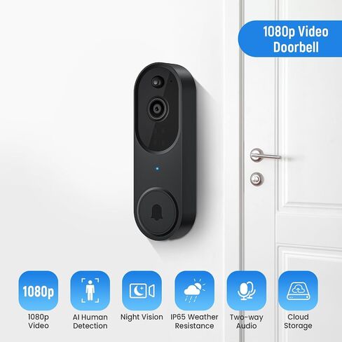 1080p Video Doorbell Camera Wireless, Chime Ringer Included, AI Human Detection, 2-Way Audio, Home Security System, Live View, 2.4G WiFi, Night Vision, Cloud Storage, Rechargeable Battery in Saudi Arabia