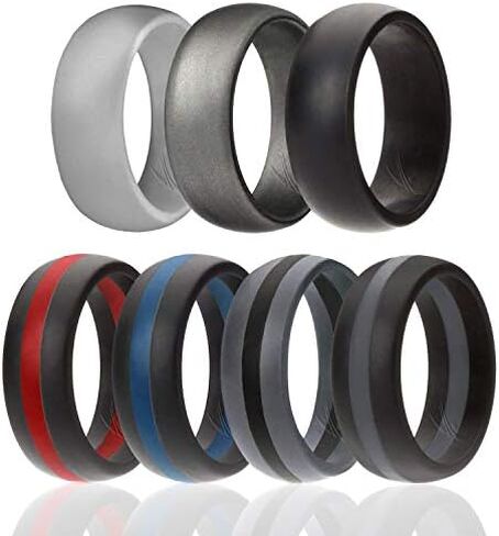 ROQ Silicone Rubber Wedding Ring for Men, Comfort Fit, Men's Wedding Band, Breathable Rubber Engagement Band, 8mm Wide 2mm Thick, Dome Style Middle Line, Solid Stripes, Multi Packs, Multi Colors in Kuwait