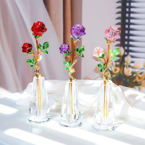 YWHL Handmade Crystal Blue Rose Flower Figurine with Vase, Bouquet Glass Flowers Ornament Rose Gifts for Girlfriend Sister Women, Crystal Flower Home Decor for Valentine's Day Mother's Day Wedding in Saudi Arabia