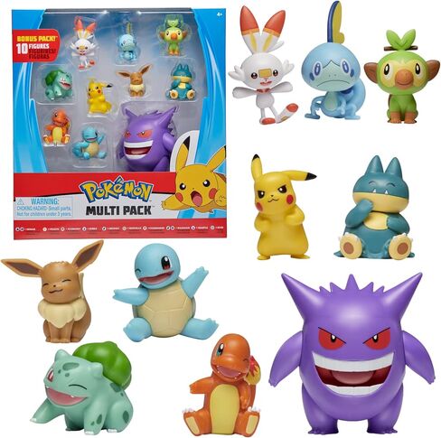 Pokémon Ultimate Battle Multi 10 Pack Action Figures - Gengar, Pikachu, Charmander, Squirtle, Bulbasaur, Eevee, Sobble, Grookey, Scorbunny & Munchlax - Official Authentic Details in Saudi Arabia