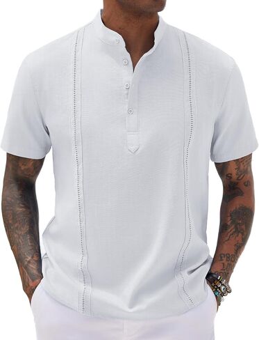 COOFANDY Men's Cotton Linen Henley Shirt Short Sleeve Cuban Guayabera Shirt Hippie Casual Beach Band Collar T Shirts in Saudi Arabia