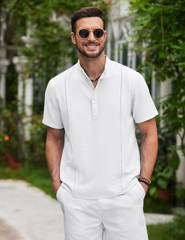 COOFANDY Men's Cotton Linen Henley Shirt Short Sleeve Cuban Guayabera Shirt Hippie Casual Beach Band Collar T Shirts in Saudi Arabia