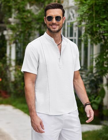 COOFANDY Men's Cotton Linen Henley Shirt Short Sleeve Cuban Guayabera Shirt Hippie Casual Beach Band Collar T Shirts in Saudi Arabia