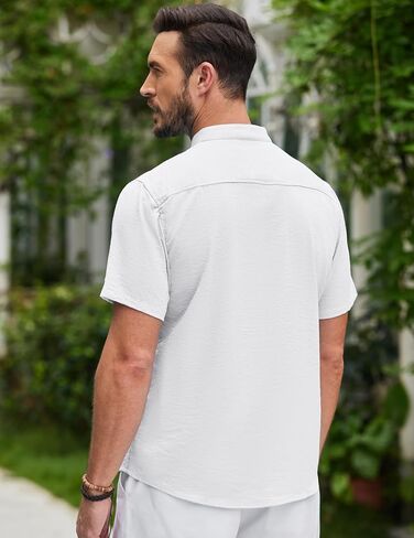 COOFANDY Men's Cotton Linen Henley Shirt Short Sleeve Cuban Guayabera Shirt Hippie Casual Beach Band Collar T Shirts in Saudi Arabia
