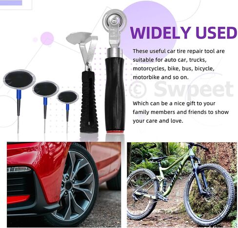 Swpeet 26Pcs 1-3/8" 1-3/4" 2-3/8" Rubber Tire Repair Patches Plug Kit and Tire Roller Wheel with Liner Scraper Assortment Kit, Puncture Repair Plug Nail Tire Repair Film Car Tire Repair Patch in Saudi Arabia