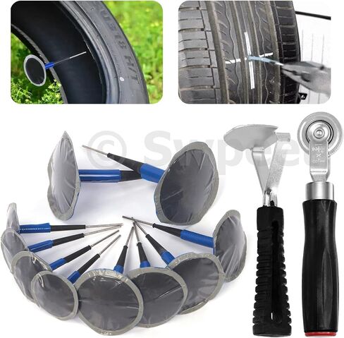 Swpeet 26Pcs 1-3/8" 1-3/4" 2-3/8" Rubber Tire Repair Patches Plug Kit and Tire Roller Wheel with Liner Scraper Assortment Kit, Puncture Repair Plug Nail Tire Repair Film Car Tire Repair Patch in Saudi Arabia
