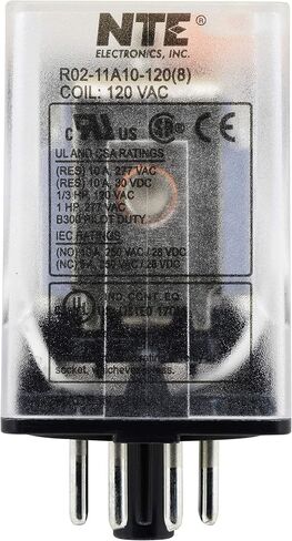 NTE Electronics R02-11A10-120 R02 Series مرحل تيار متردد متعدد الأغراض للأغراض العامة، ترتيب اتصال DPDT، 10 أمبير، قابس ثماني 8 سنون، 120 فولت تيار متردد in Saudi Arabia
