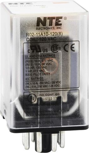 NTE Electronics R02-11A10-120 R02 Series مرحل تيار متردد متعدد الأغراض للأغراض العامة، ترتيب اتصال DPDT، 10 أمبير، قابس ثماني 8 سنون، 120 فولت تيار متردد in Saudi Arabia
