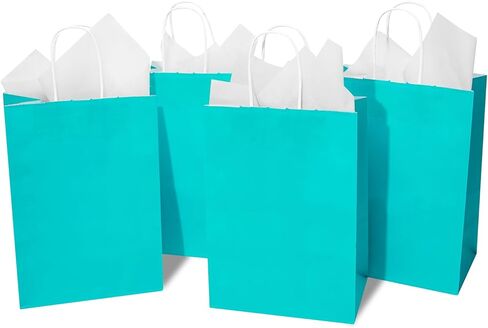 DjinnGlory 24 Pack Medium Size Teal Blue Paper Gift Bags with Handles 10x8x4 Inch and 24 Tissue Paper for Birthday Wedding Baby Bridal Shower Party Favors, Merchandise Shopping Bags in Kuwait
