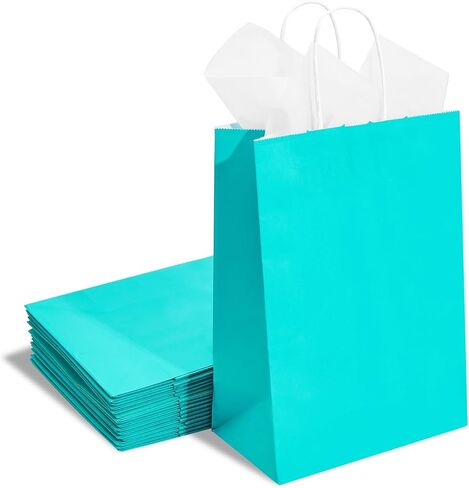 DjinnGlory 24 Pack Medium Size Teal Blue Paper Gift Bags with Handles 10x8x4 Inch and 24 Tissue Paper for Birthday Wedding Baby Bridal Shower Party Favors, Merchandise Shopping Bags in Kuwait
