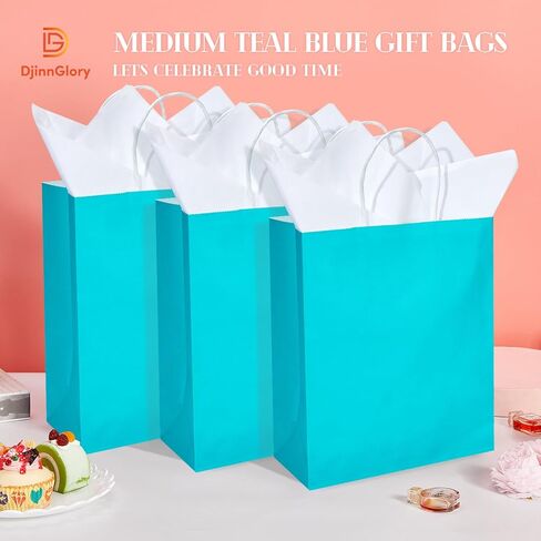DjinnGlory 24 Pack Medium Size Teal Blue Paper Gift Bags with Handles 10x8x4 Inch and 24 Tissue Paper for Birthday Wedding Baby Bridal Shower Party Favors, Merchandise Shopping Bags in Kuwait