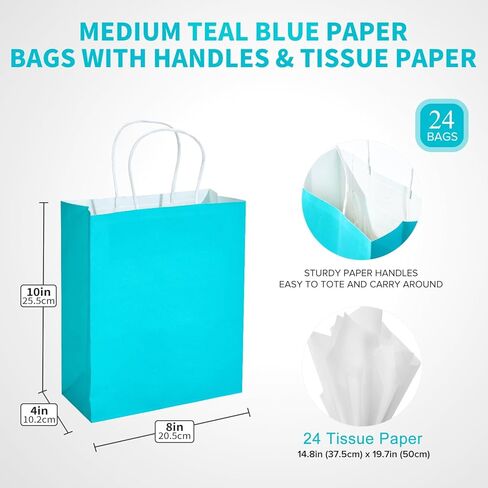DjinnGlory 24 Pack Medium Size Teal Blue Paper Gift Bags with Handles 10x8x4 Inch and 24 Tissue Paper for Birthday Wedding Baby Bridal Shower Party Favors, Merchandise Shopping Bags in Kuwait