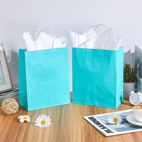 DjinnGlory 24 Pack Medium Size Teal Blue Paper Gift Bags with Handles 10x8x4 Inch and 24 Tissue Paper for Birthday Wedding Baby Bridal Shower Party Favors, Merchandise Shopping Bags in Kuwait