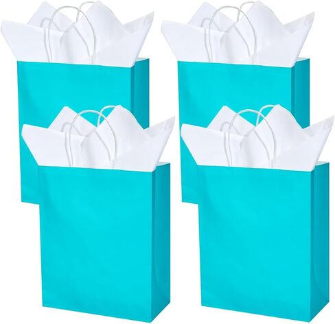 DjinnGlory 24 Pack Medium Size Teal Blue Paper Gift Bags with Handles 10x8x4 Inch and 24 Tissue Paper for Birthday Wedding Baby Bridal Shower Party Favors, Merchandise Shopping Bags in Kuwait