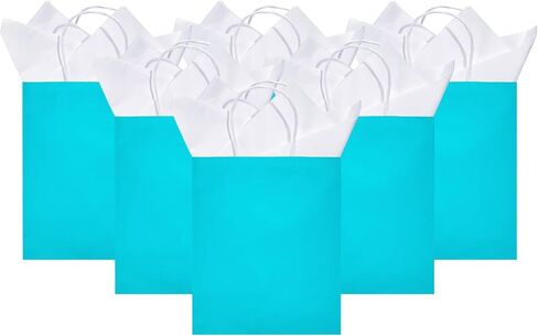 DjinnGlory 24 Pack Medium Size Teal Blue Paper Gift Bags with Handles 10x8x4 Inch and 24 Tissue Paper for Birthday Wedding Baby Bridal Shower Party Favors, Merchandise Shopping Bags in Kuwait