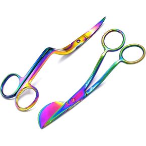 Multi Titanium Rainbow Color 6 inch Stainless Steel Applique Duckbill Scissors Blade with Offset Handle & 6 inch Machine Embroidery Double Curved Scissors Bundle