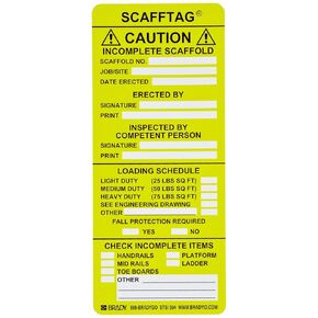 Brady SCAF-STSI594 7-5/8" Height, 3-1/4" Width, Polyester, Yellow Color Scafftag Caution Inserts (Pack Of 100)