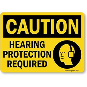 SmartSign 10 x 14 inch “Caution - Hearing Protection Required" OSHA Metal Sign, with Symbol, 40 mil Laminated Rustproof Aluminum, Black and Yellow