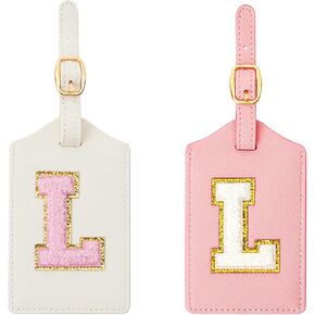 2 Pcs Initial Luggage Tags PU Leather, Monogrammed Luggage Tags, Embroidered Luggage Tags for Suitcase Baggage Bag (J, White Leather+Pink Letter)