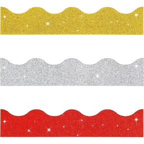 62 Feet Back to School Bulletin Board Border Shiny Glitter Scalloped Borders Bulletin Board Decorative Trim Poster Borders Bulletin Board for School Classroom Decoration Strips (Blue, Red, Silver)