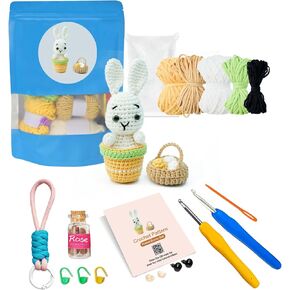 MOOLSUN Cute Animals Crochet Kits for Beginners - Crocheting Starter Kit and Knitting Keychain, DIY Knitting Supplies，Promoting Parent-Child Interaction (1-Blue Dinosaur)